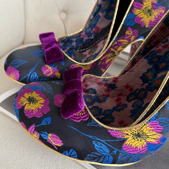 Floral Velvet Shoes unique Victorian heel couture theatrical piece retro style - Picture 10 of 13